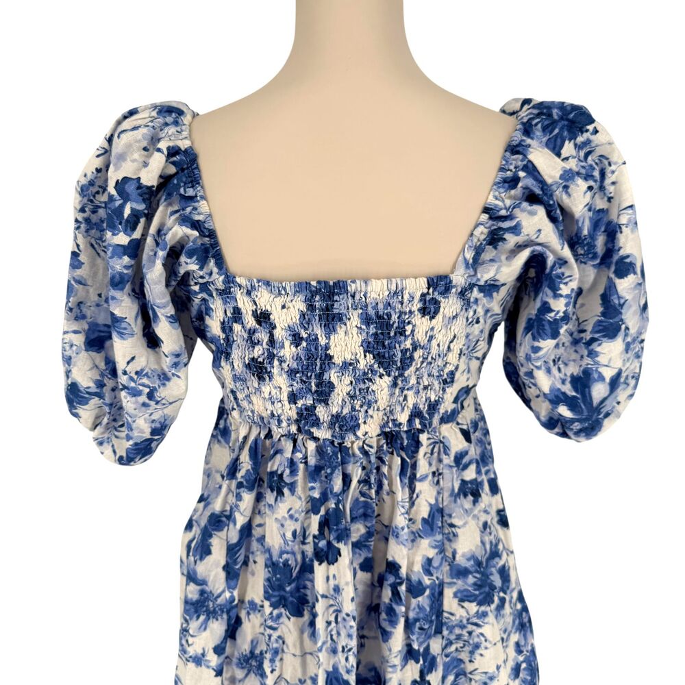 Abercrombie Emerson Mini Dress LP Petite Blue Floral Puff Sleeve Linen Pockets - Picture 10 of 13